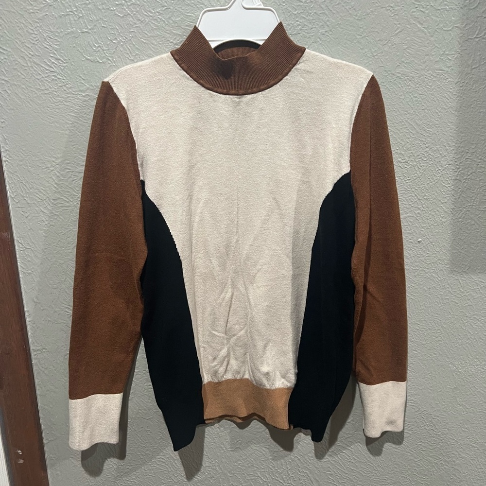 LOFT Women's Turtleneck Sweater - Cream, Brown, Black Colorblock EUC Fall